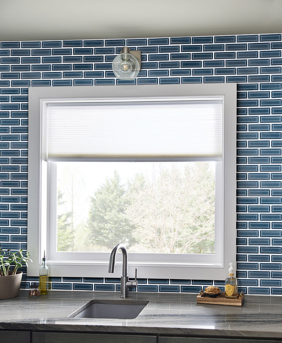 Bay Blue Beveled Tile 2x6 wall in kitchen