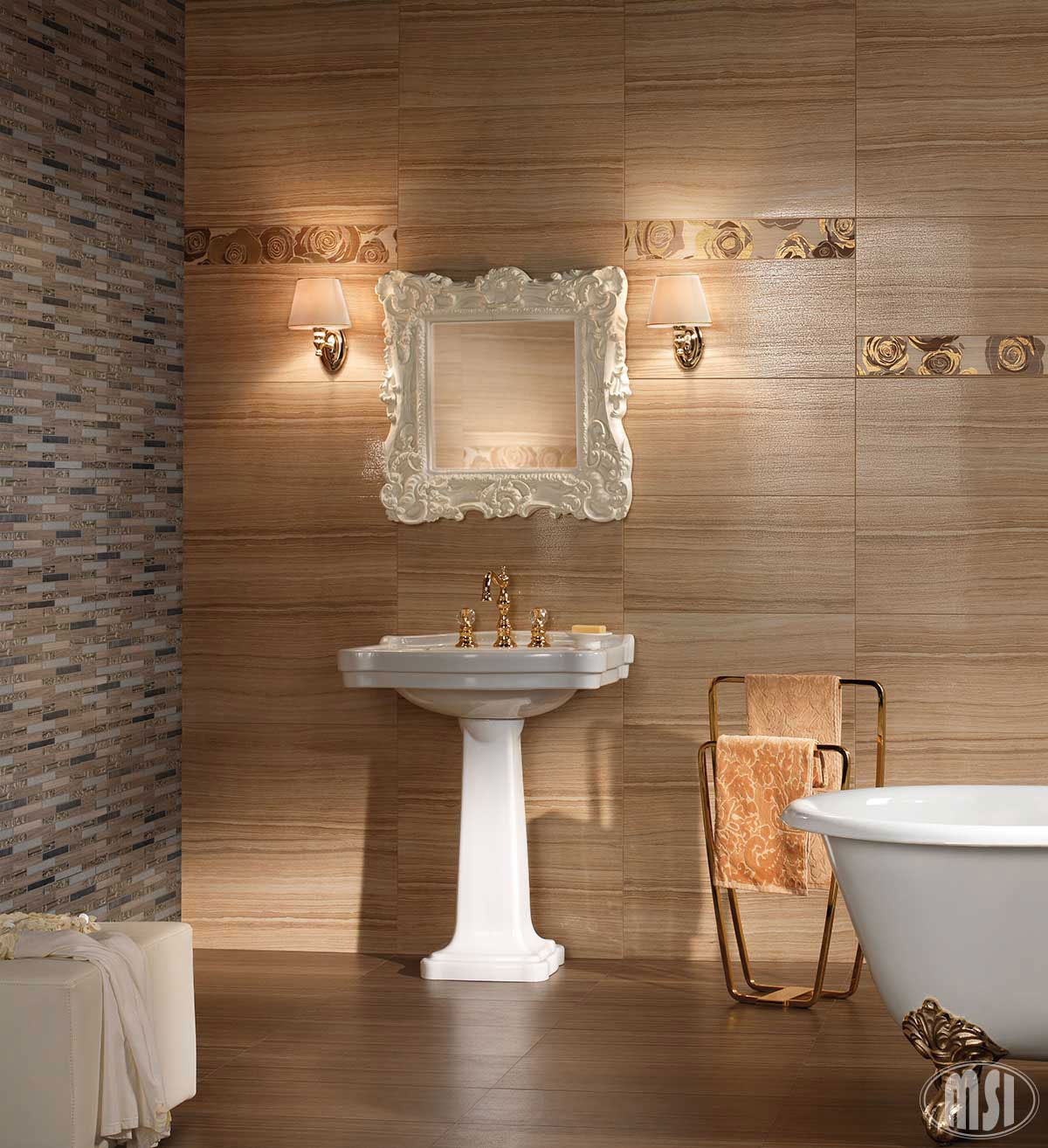 Diamante Brick Glass & Metal Tile wall in bathroom