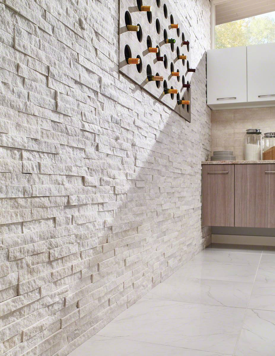 Arctic White Stacked Stone wall in kitchen