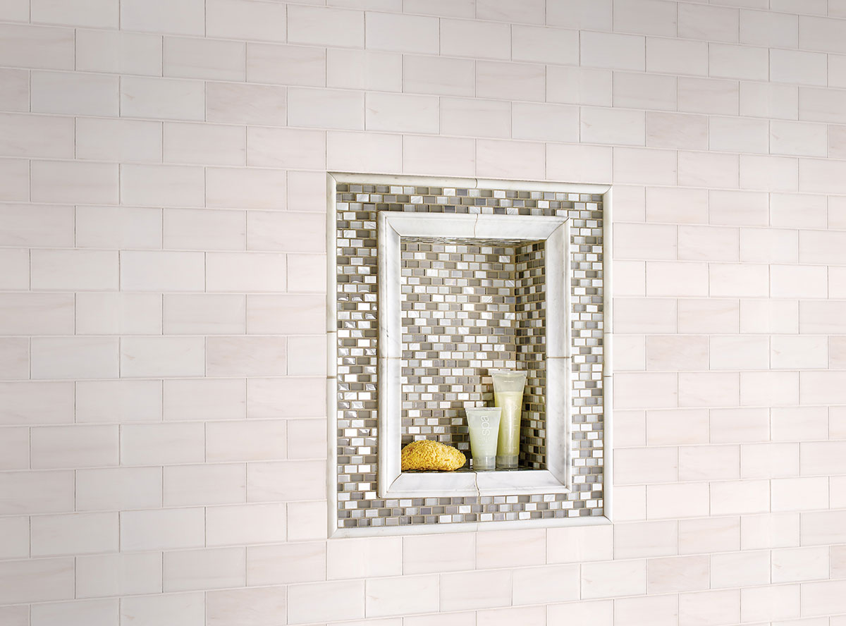 Bianco Dolomite Polished Subway Tile 3x6 wall in bathroom