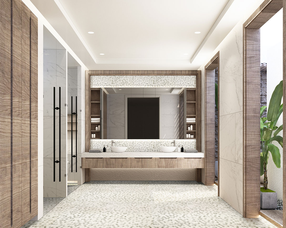 Bianco Dolomite Tibi Polished Tile backsplash and flooring in bathroom