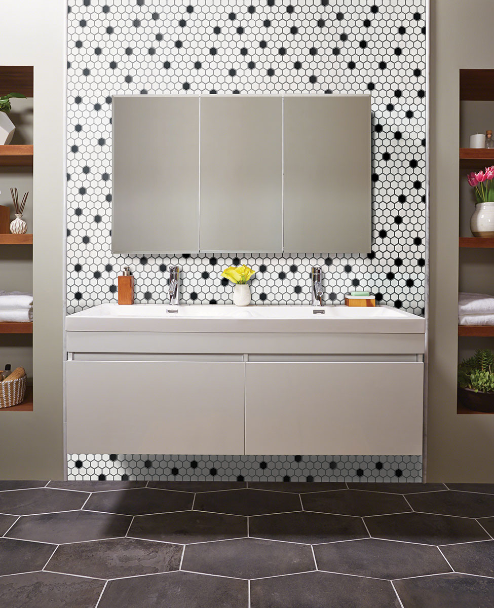 Black And White 1" Hexagon Mosaic Tile wall in bathroom