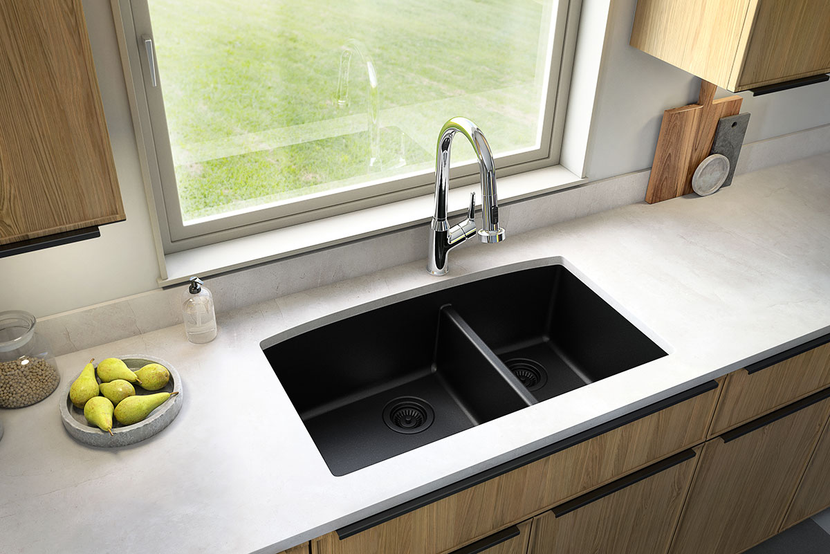 Black Quartz Double Bowl 60/40-3219 sink in kitchen Room Scene