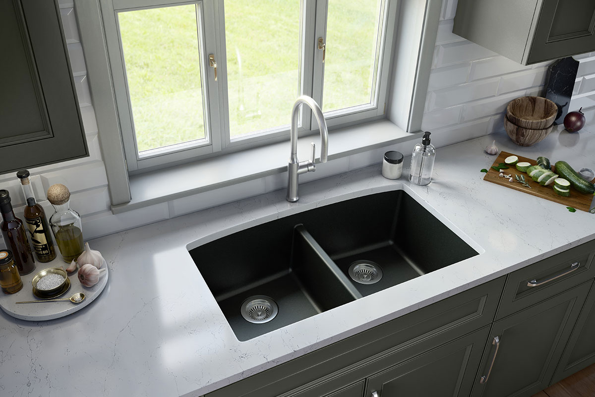 Black Quartz Double Bowl 50/50-3219 sink in kitchen Room Scene