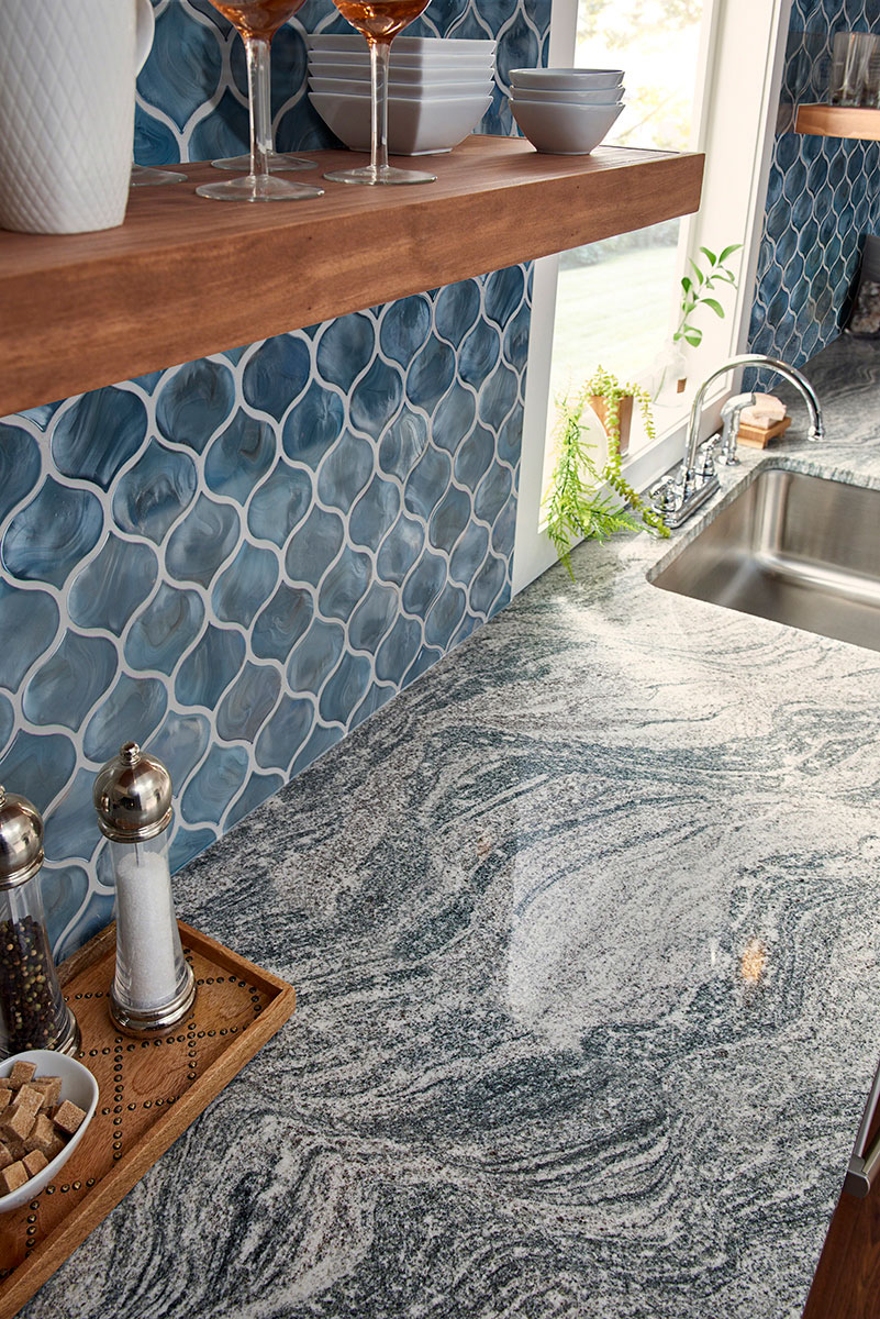 Blue Shimmer Arabesque tile backsplash in kitchen