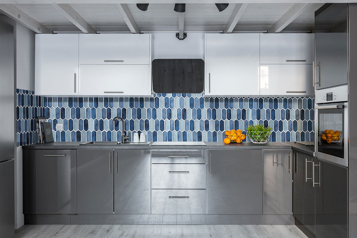 Boathouse Blue Picket Glass Tile wall in kitchen 