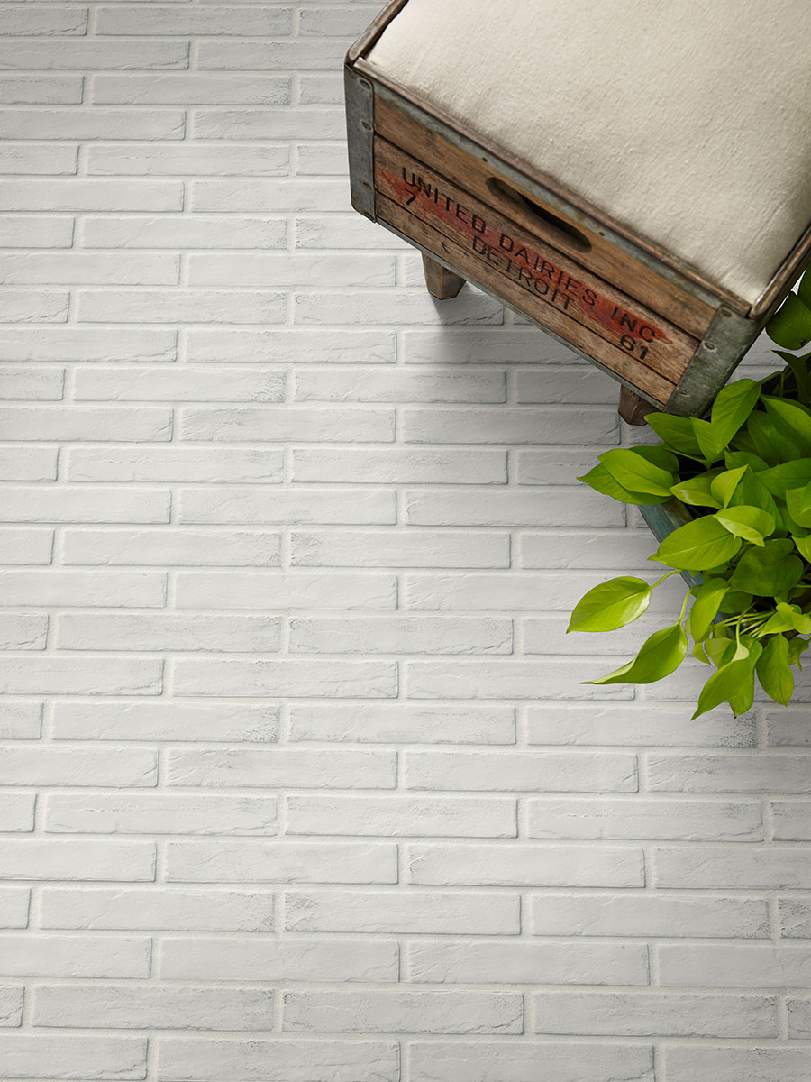 Brickstone White 2x10 Brick Tile floor in living room