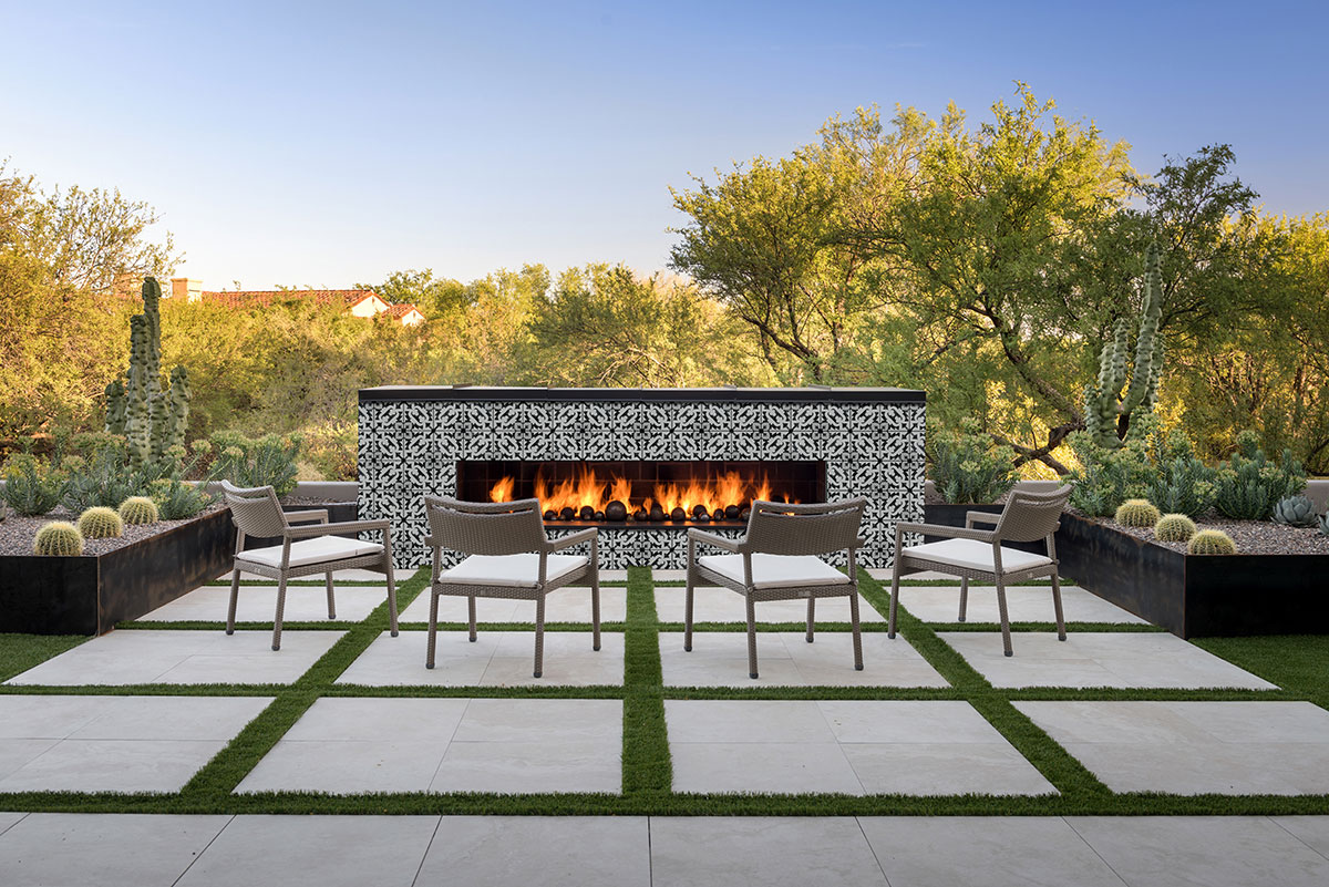 Brina Encaustic Tile on outdoor fireplace