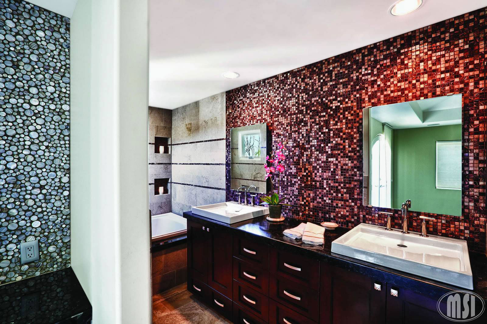 Treasure Trail Iridescent Glass Tile backsplash in bathroom