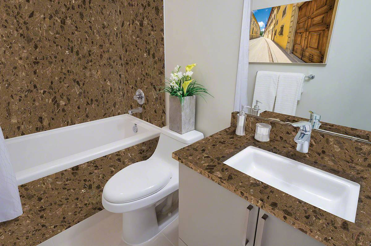 Cafe Emperador Engineered Marble Countertop and Bathtub Wall in Bathroom