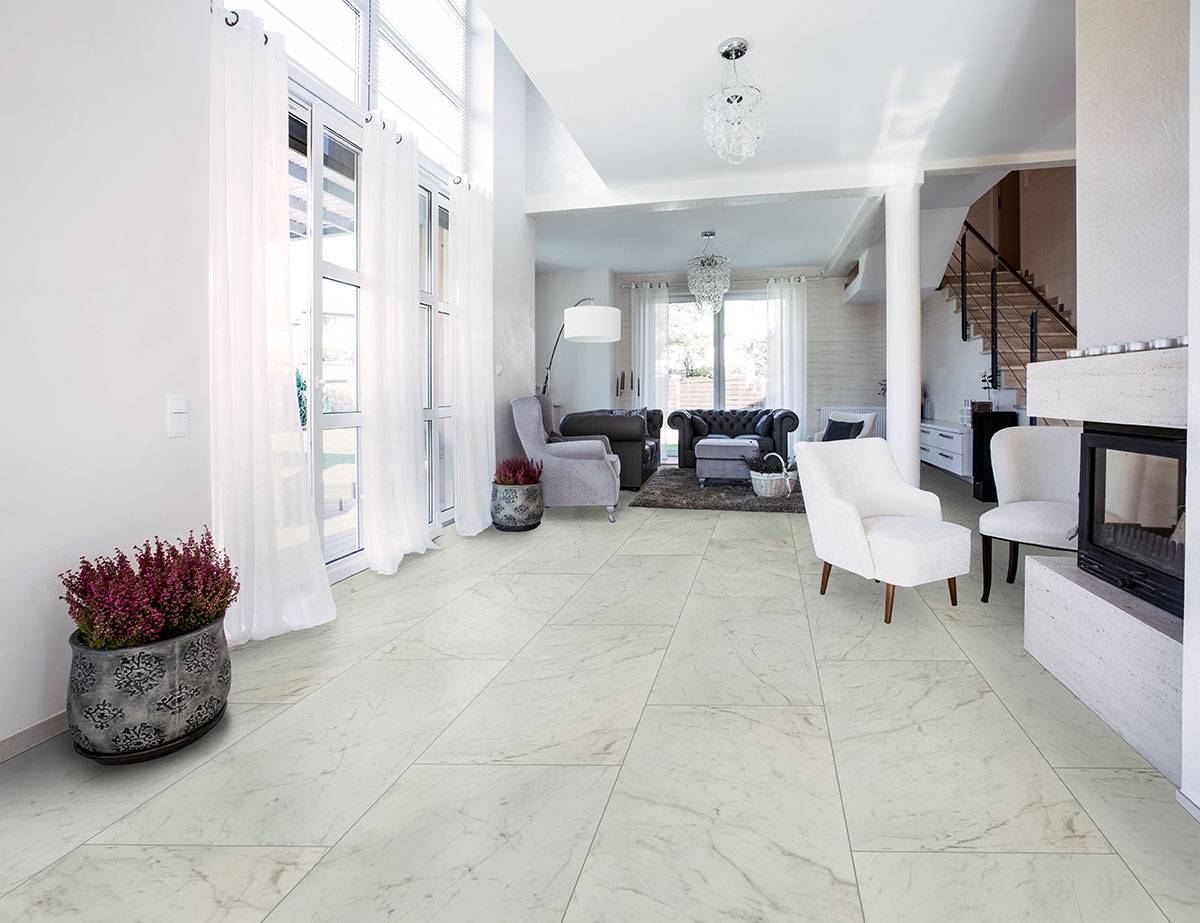Carrara Bianco Porcelain Tile floor in living room