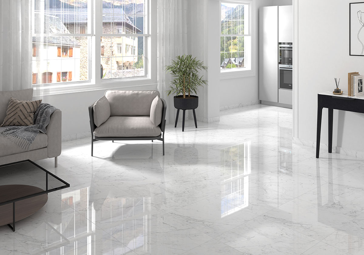 Carrara Bianco Porcelain Tile floor in living room 