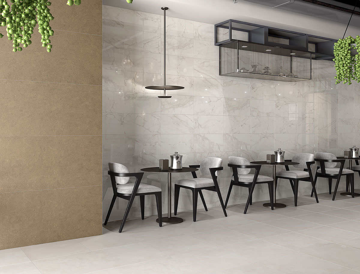 Calacatta Lucca Porcelain Tile Wall in restaurant