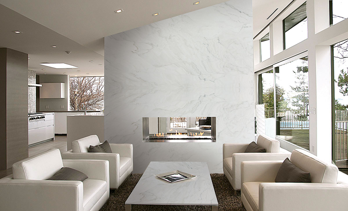 Calacatta Montreal Quartzite table and Wall around Fireplace