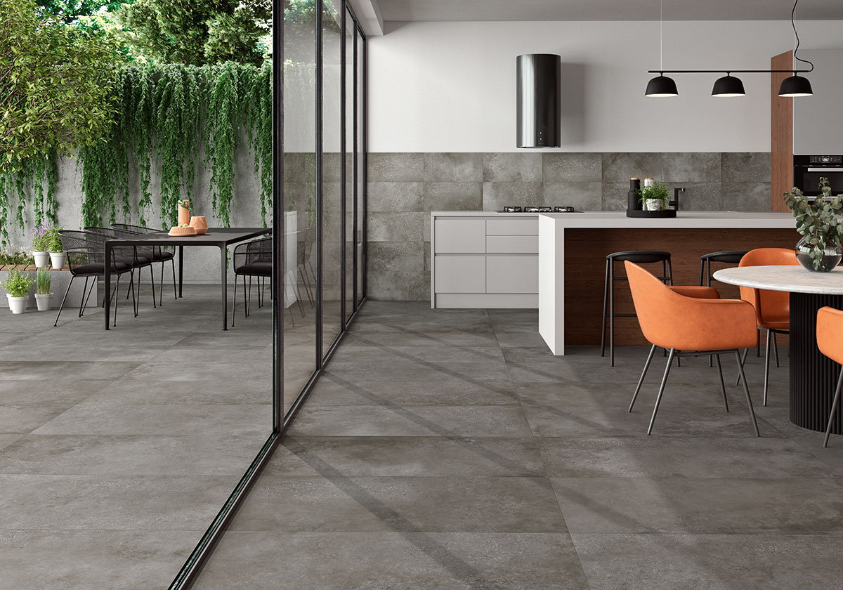Calypso Graphite Porcelain Tile floor in outdoor living area