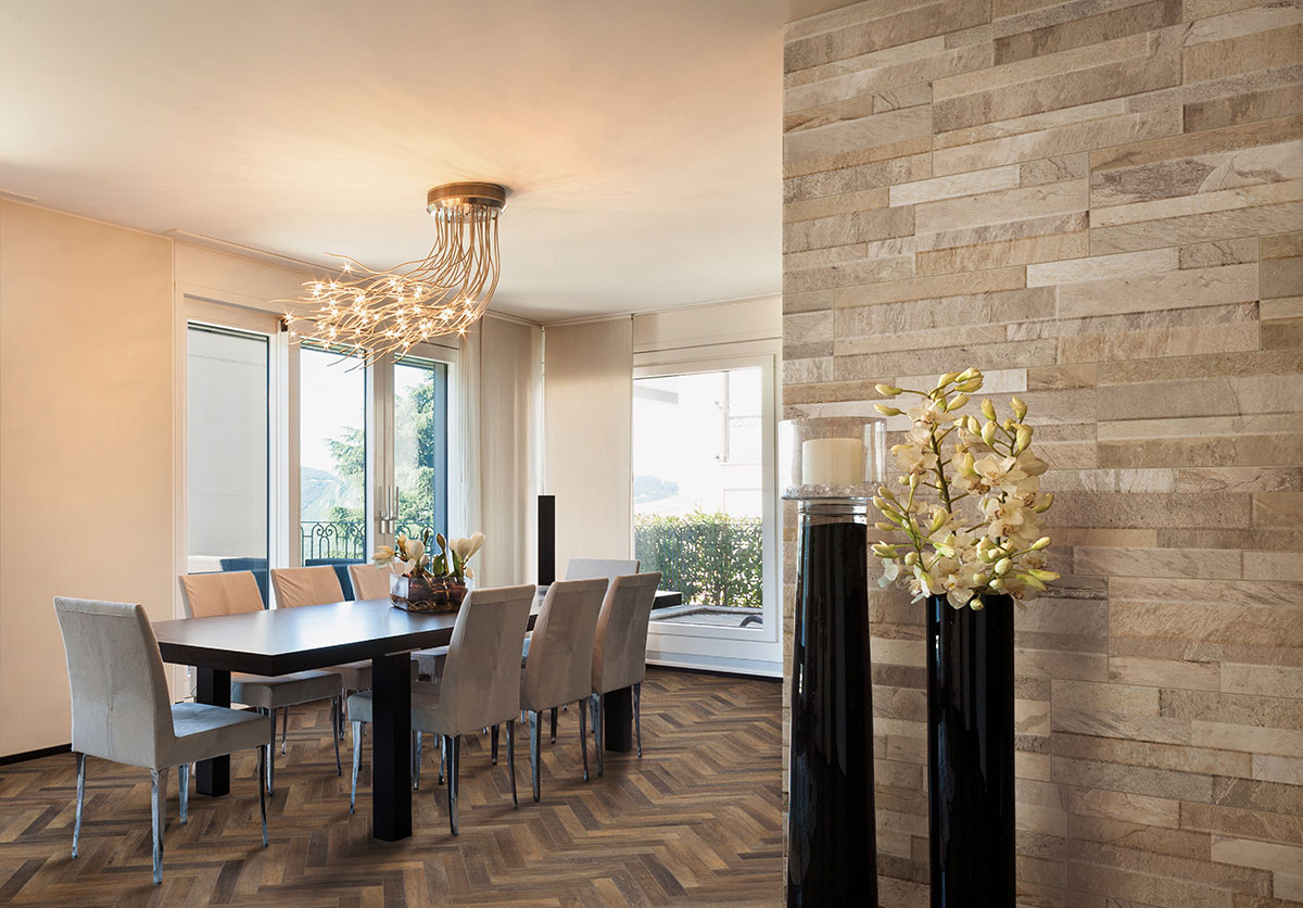 Canyon Cream Stacked Porcelain wall in dining room