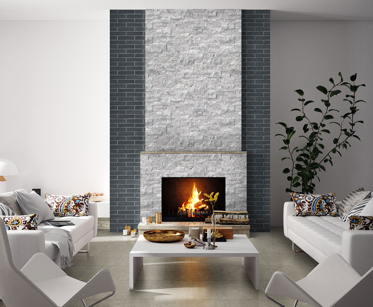 Brickstone Cobble 2x10 Brick Tile accent wall in living room