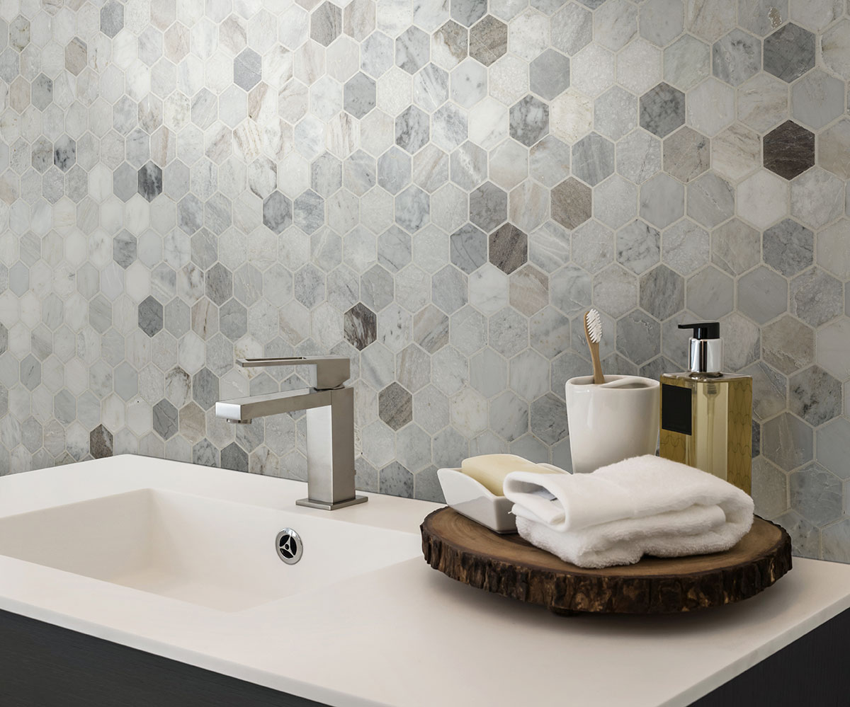 Modket Gray Marble & Blue Glass Hexagon Mosaic Tile – Aluminum Accents, 8mm