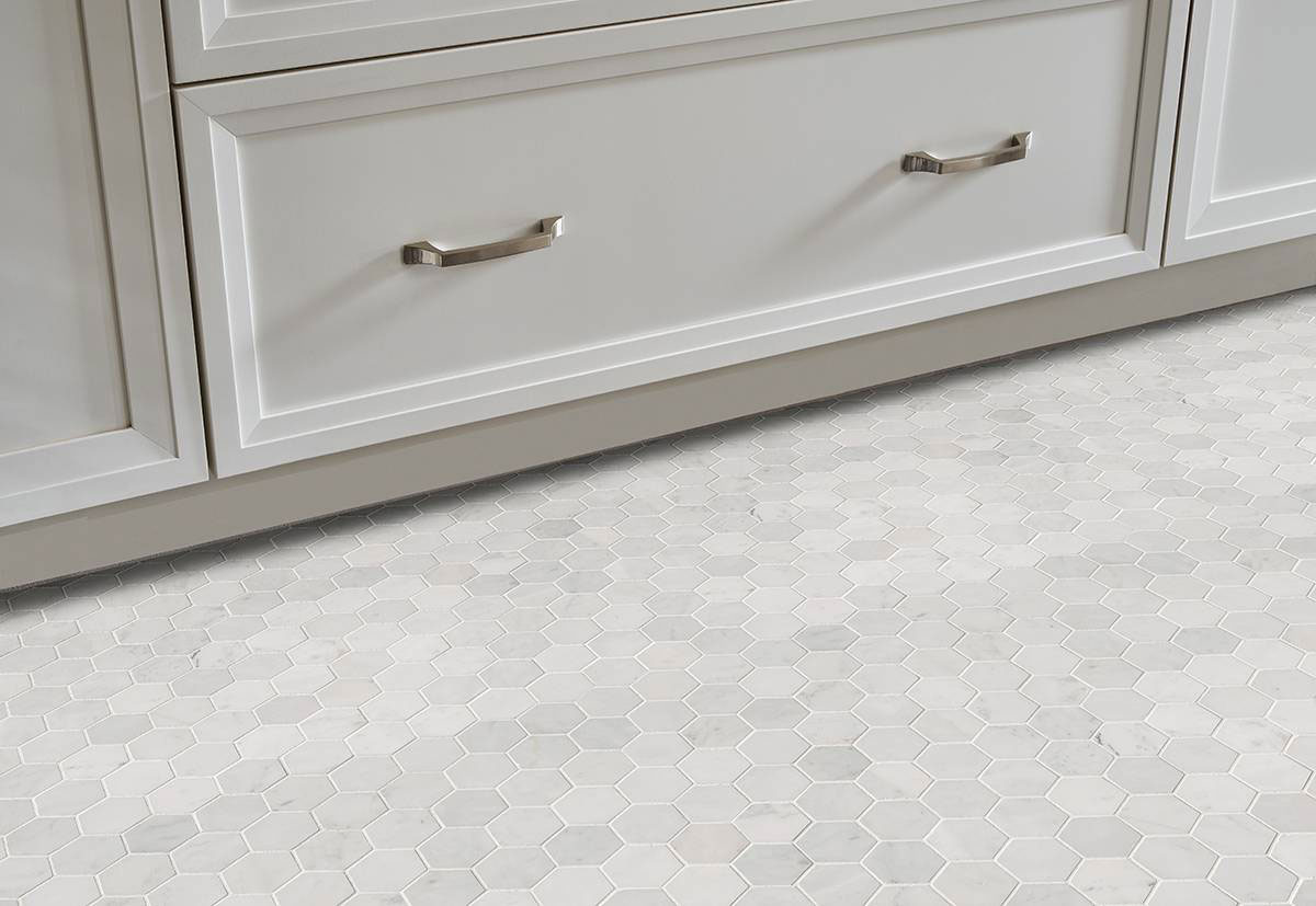 Carrara White Polished 2" Hexagon Mosaic Tile flooring in living room