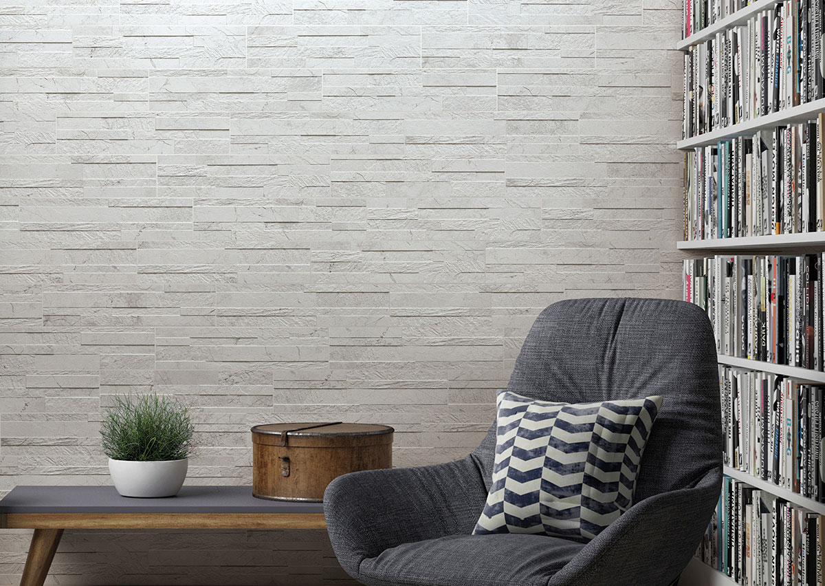 Carrara White Stacked Porcelain Stacked Stone wall in living room