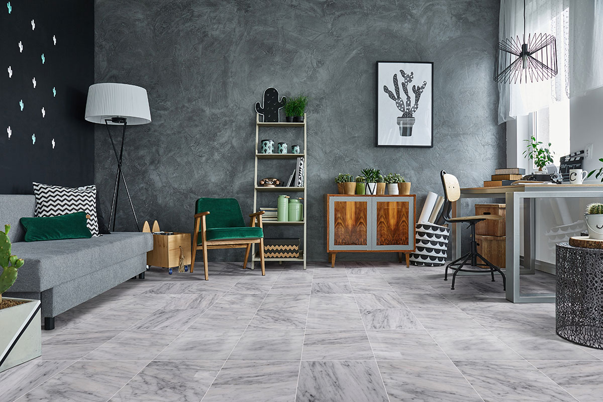 White Carrara Marble Tile Floor in Living Room