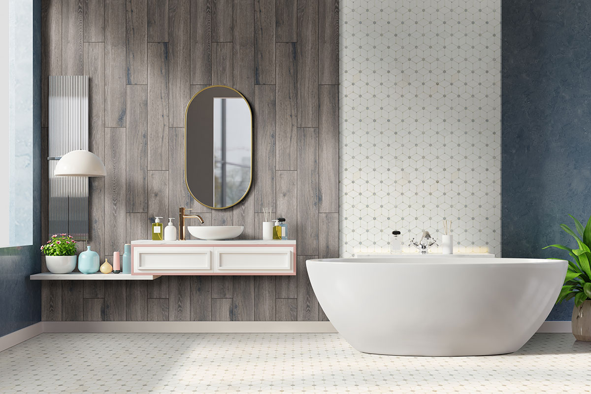 Cecily Grigio Polished Tile wall and flooring in bathroom