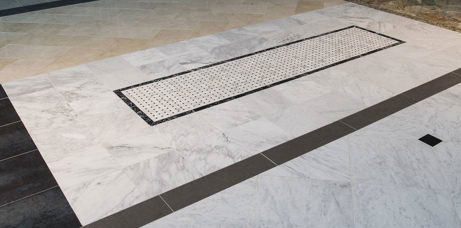 China Black W Vein Marble and Arabescato Carrara With Black Marble Basket Weave Pattern Honed in a Mesh and Arabescato Carrara Marble Room Scene