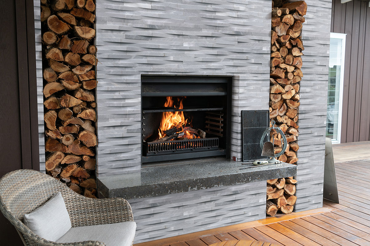 Cosmic Gray 3d Wave Stacked Stone Panels - room scene A
