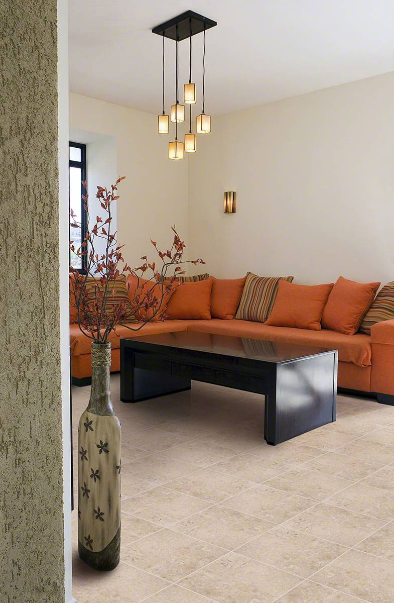 Crema Cappuccino Marble Tile Floor in Living Room