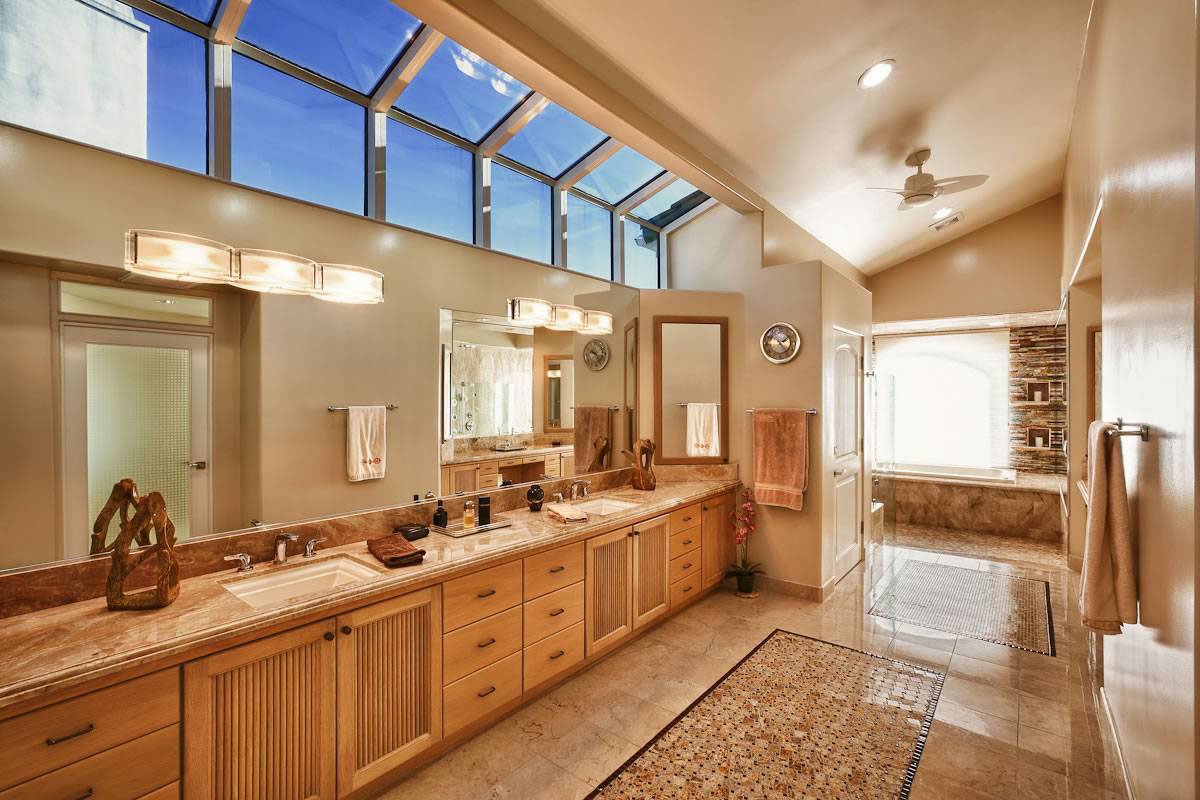 Crema Marfil Marble Floor Tile and Countertop in Bathroom
