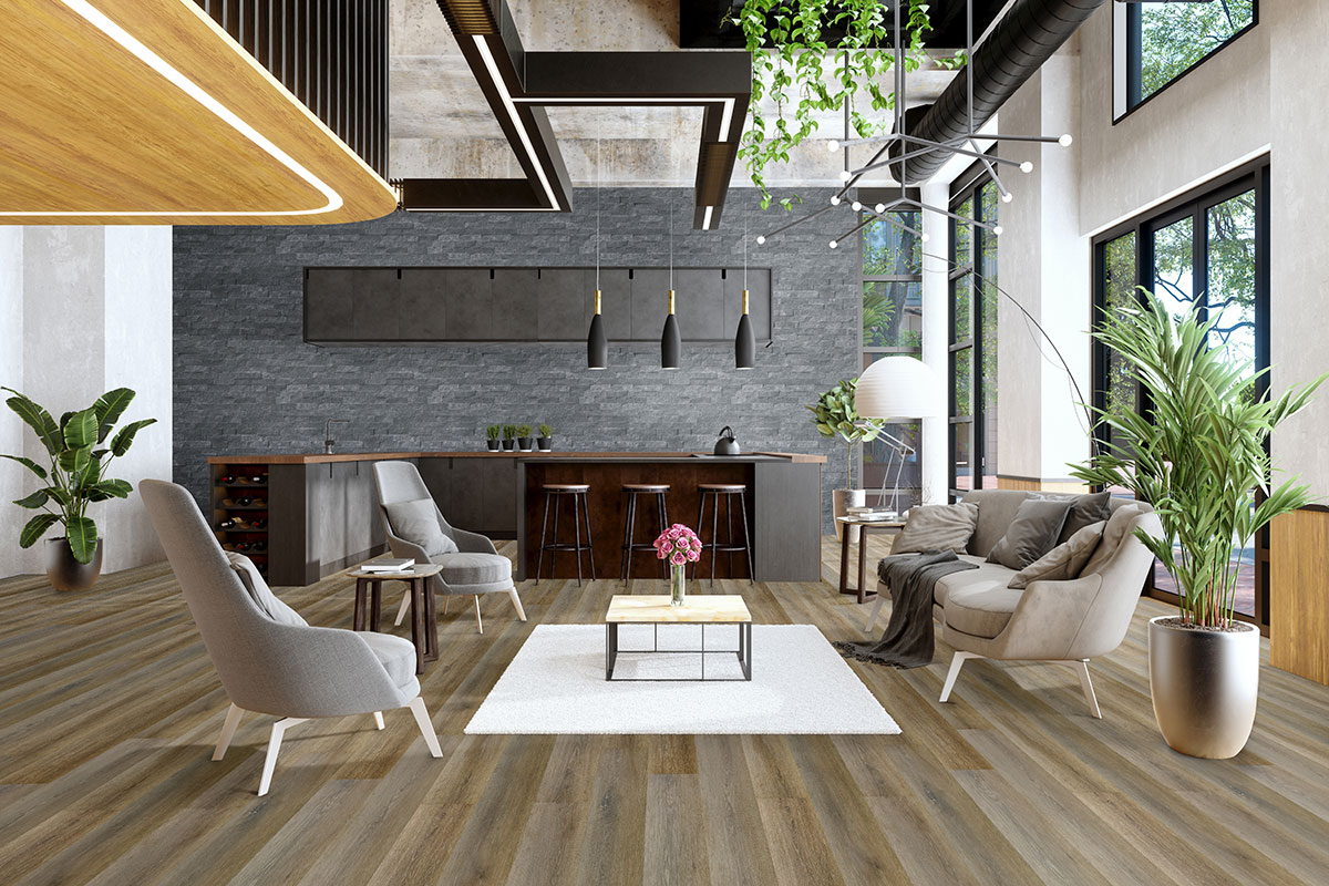 Living room with Delray Hybrid Rigid Core Flooring