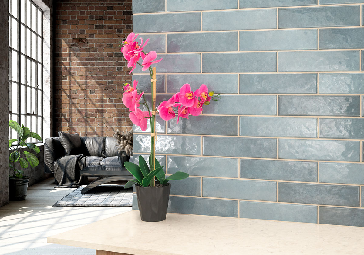 Renzo Denim Ceramic Tile 3x12 wall in living room