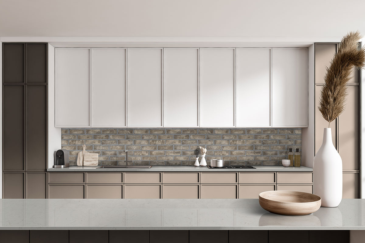 Doverton Gray Clay Brick Tile accent wall in kitchen