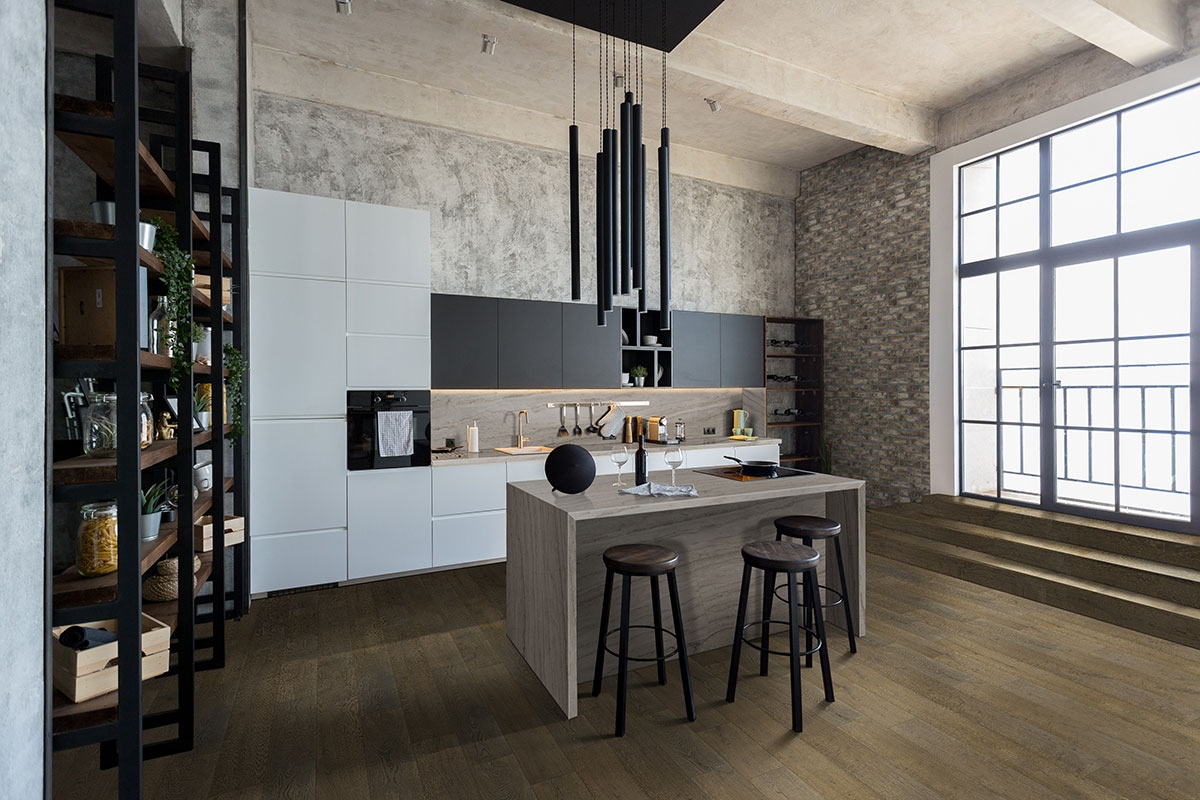 Doverton Gray Clay Brick Tile accent wall in kitchen