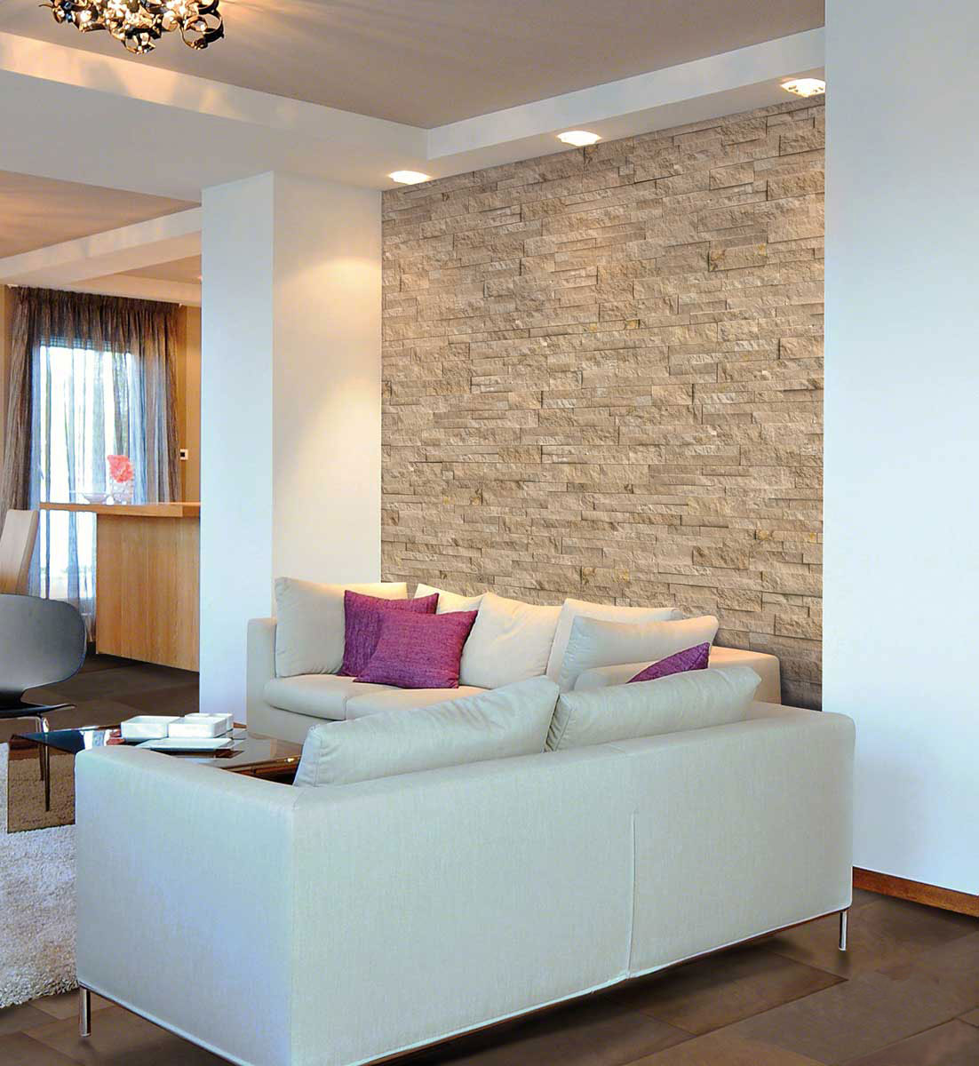 Durango Cream Stacked Stone wall in living room