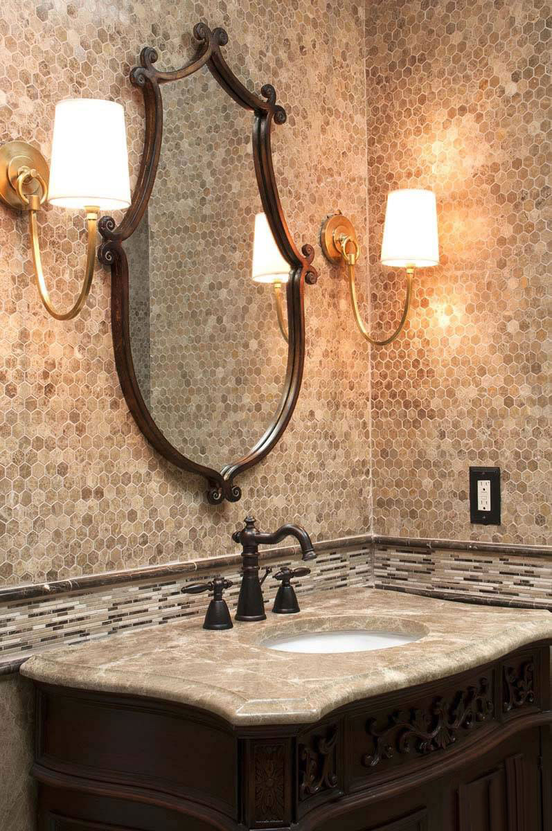 Emperador Marble Blend Bamboo Pattern Tile backsplash in bathroom