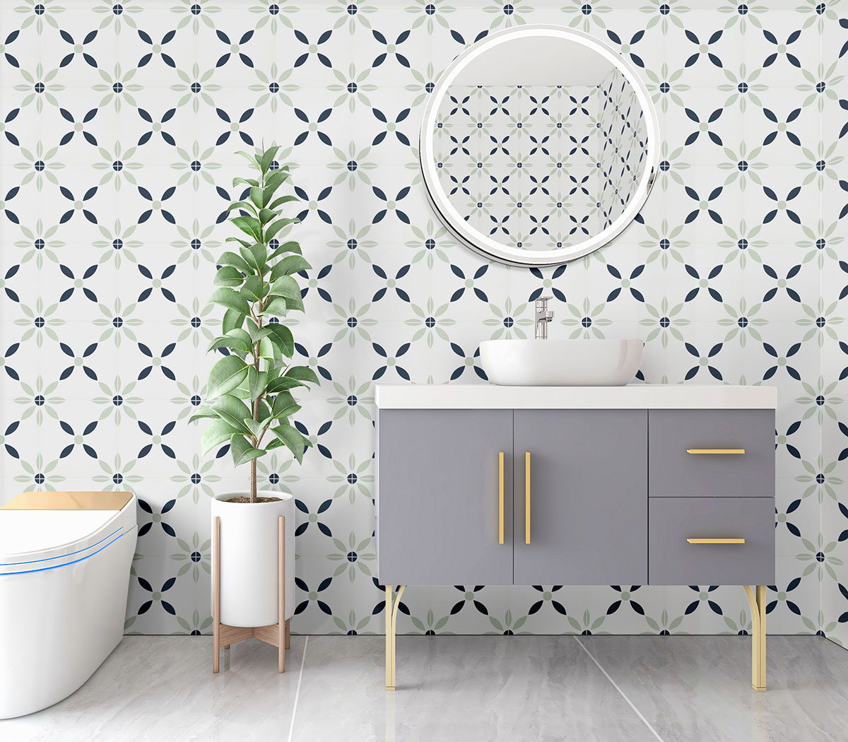 Greta Encaustic Tile wall in bathroom