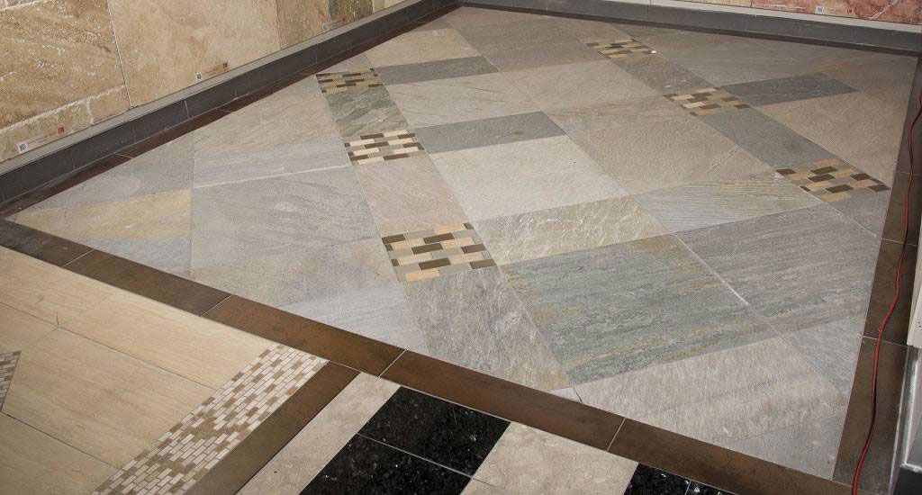 Golden White Quartzite floor in outdoor showroom
