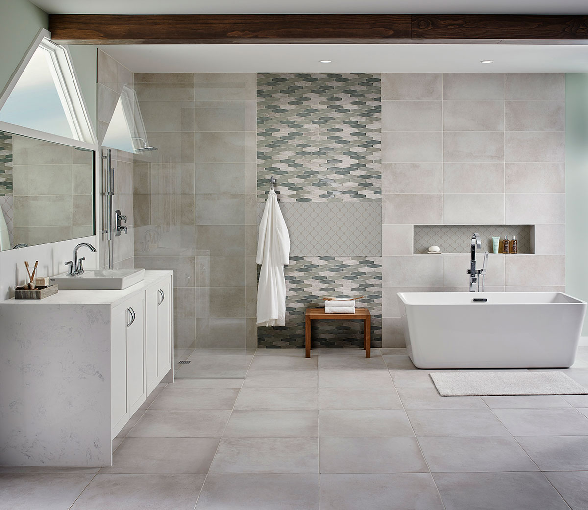 Gray Glossy Arabesque Tile backsplash in bathroom