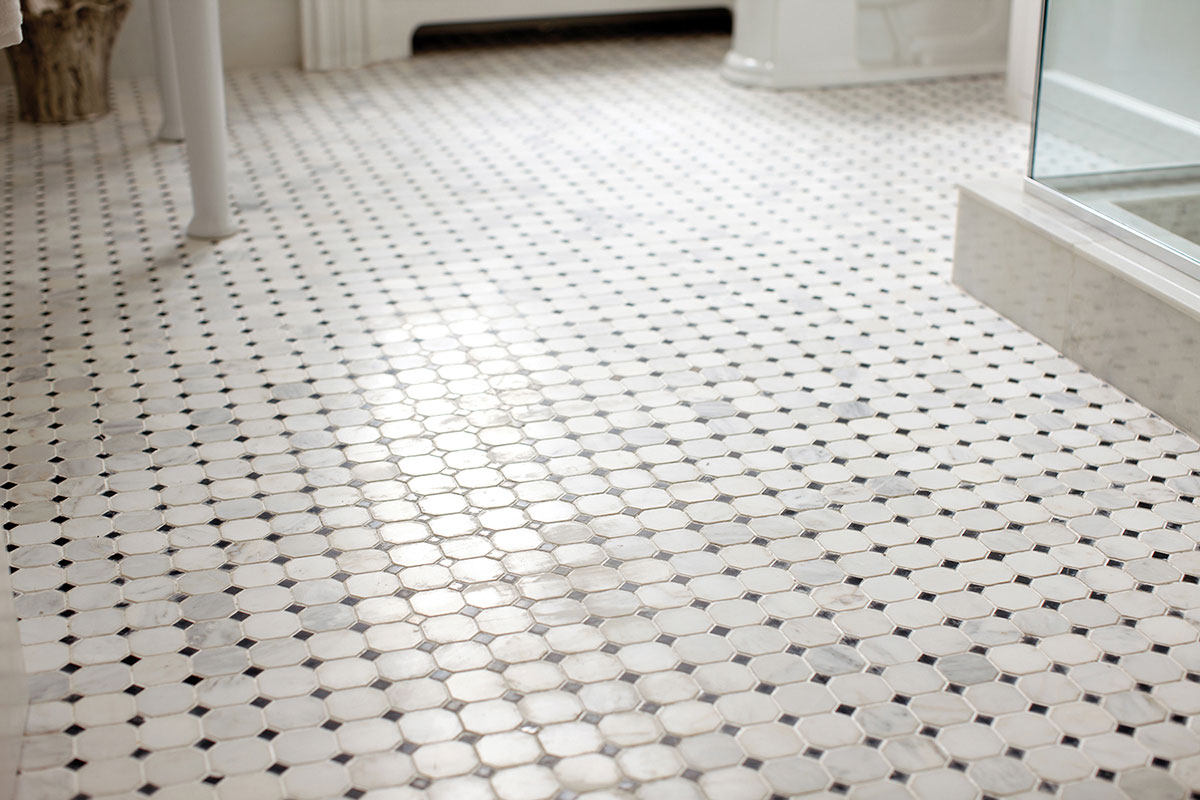 Greecian White 2" Octagon With Black Polished In 12x12 Mesh flooring in bathroom