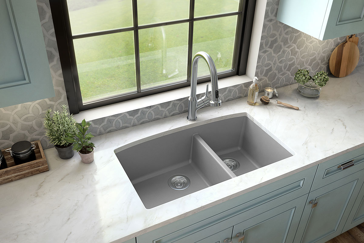 Grey Quartz Double Bowl 60/40-3219 sink in kitchen Room Scene