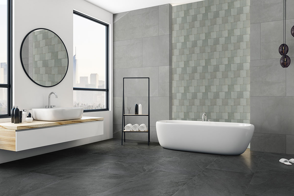 Renzo Jade Ceramic Tile 5x5 wall in bathroom