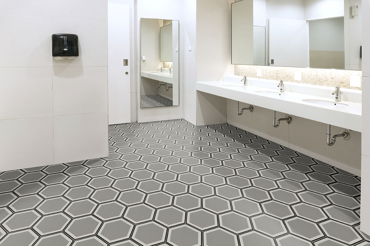 Hexley Hive Hexagon Tile flooring in bathroom