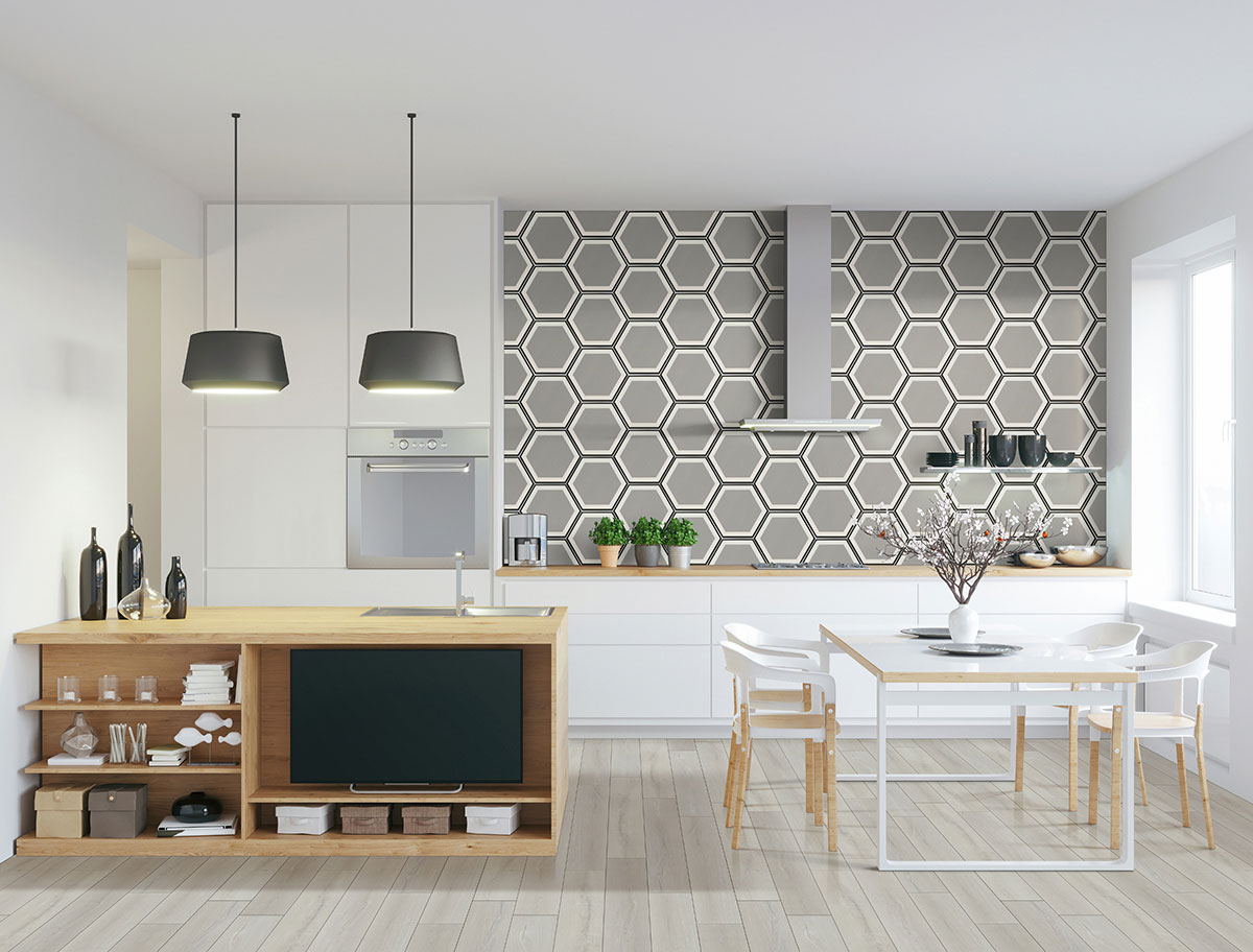 Hexley Hive Hexagon Tile wall in kitchen