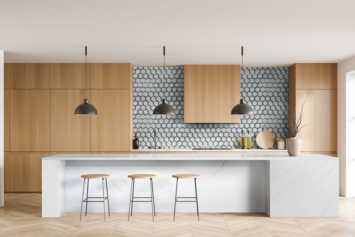 Ice Beveled 3" Hexagon Mosaic Tile wall in kitchen