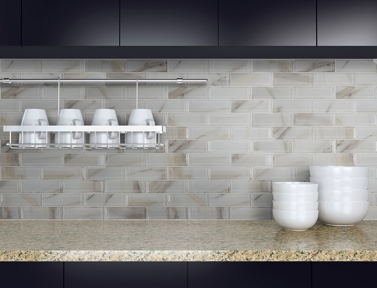Ivory Amber Beveled Subway Tile backsplash in kitchen