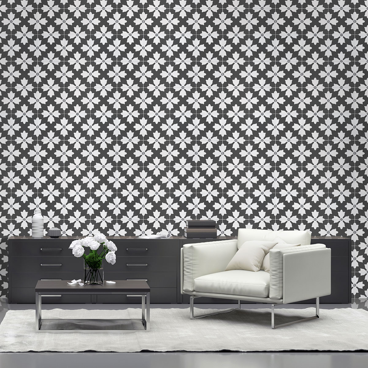 Kasbah Encaustic Tile on livingroom wall Room Scene