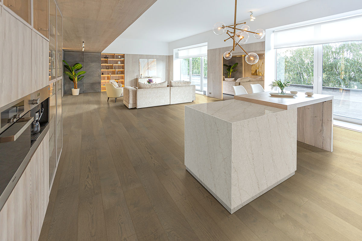 Wayland Engineered Hardwood Flooring in kitchen and living room