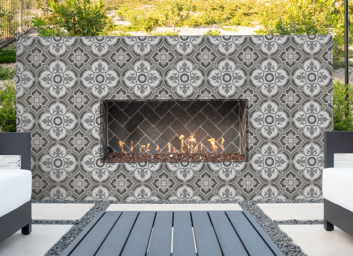 Matarka Encaustic Tile wall near fireplace