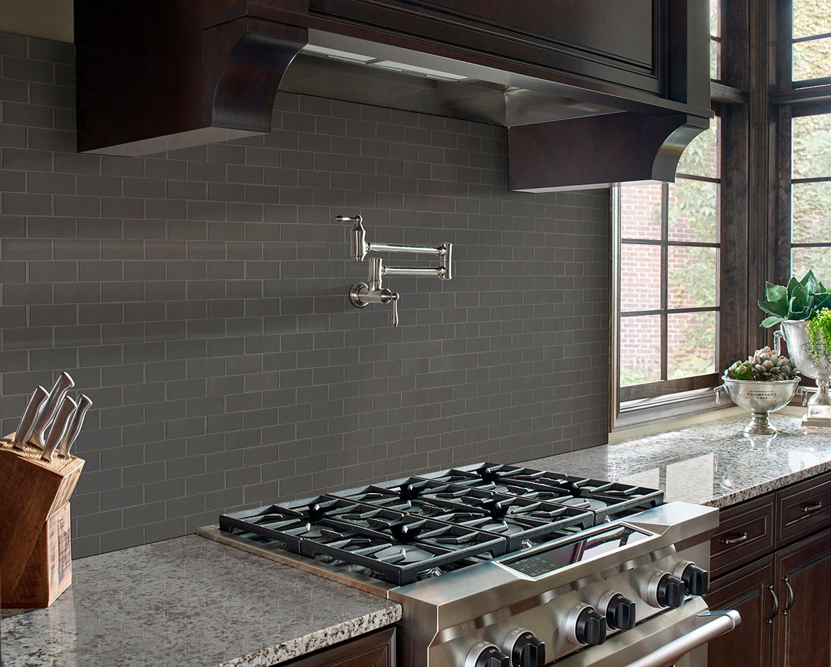 Metallic Gray Subway Tile 2x4 backsplash in kitchen